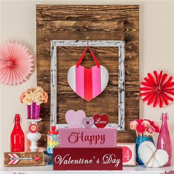 Valentines Day Decor, 3-Layered Pink Red Heart Wood Block Set - Picture 2 of 8